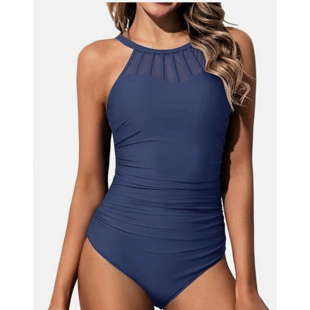 Holipick Women High Neck One Piece Swimsuit Bathing Suit Blue Navy Medium